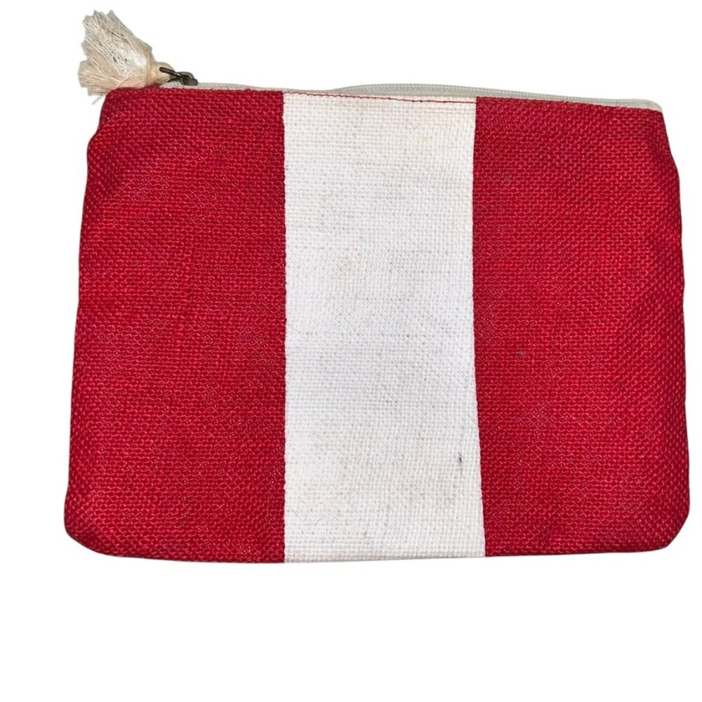 mud pie red white rugby stripe straw zipper pouch make up bag
